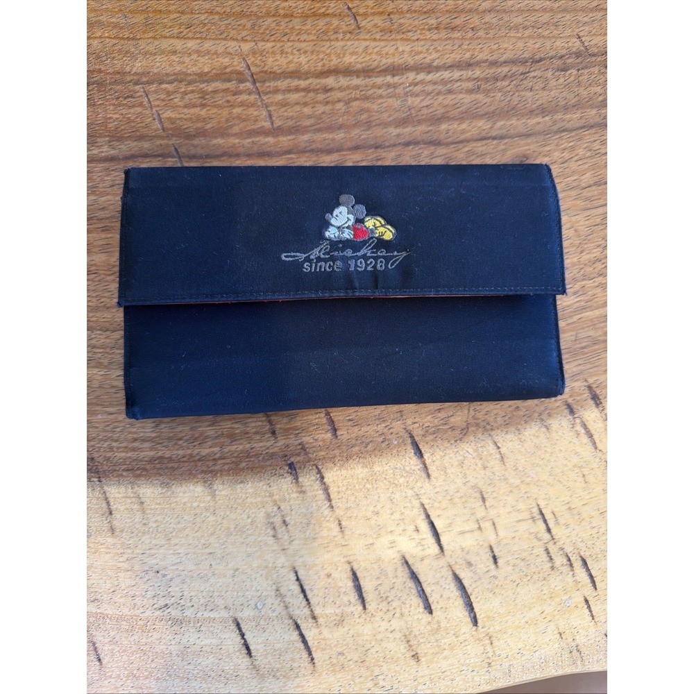 MINT 90s Vintage Disneyland Mickey Mouse Embroidered Black Trifold Wallet Red